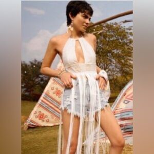 White Fringe Halter Top